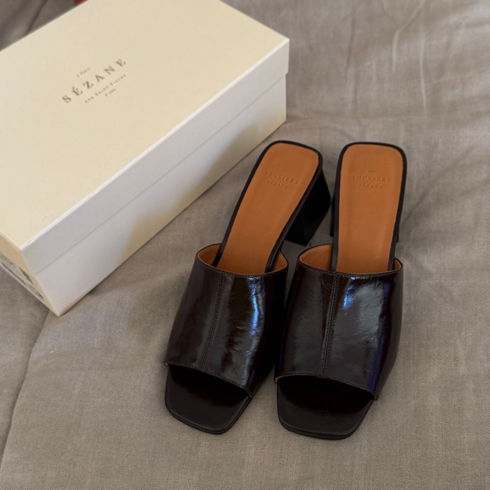 New sezane Women's Black Patent Leather Slide Mule Heels